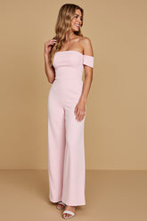 Schulterfreier Rosa Chiffon Brautjungfern Jumpsuit